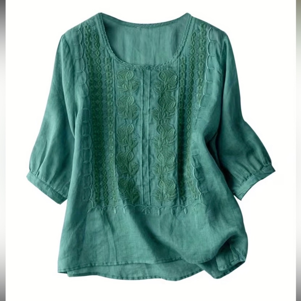 NEW teal green embroidered cotton top balloon elbow sleeves XL